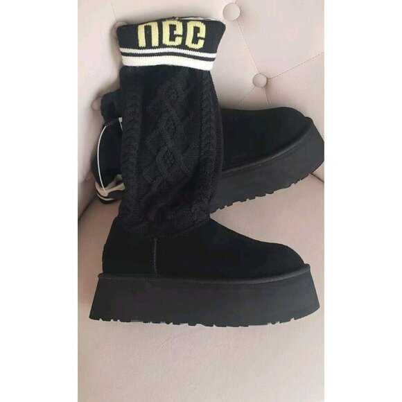 NEW UGG CLASSIC SWEATER LETTER KNIT SUEDE PLATFORM BOOTS BLACK SIZE US 9 - Picture 5 of 9